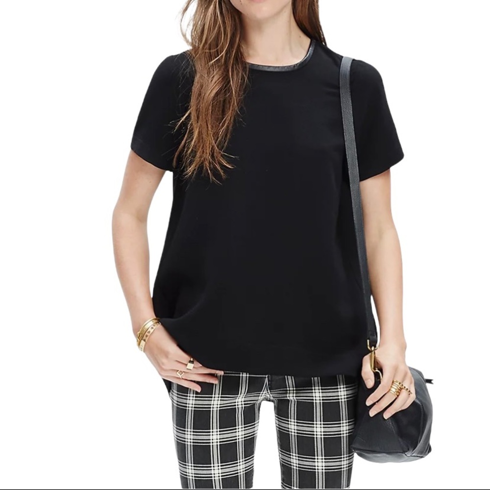 Madewell Leather-Trim Tailored Tee Work Top Casual higher front hem crepe top S